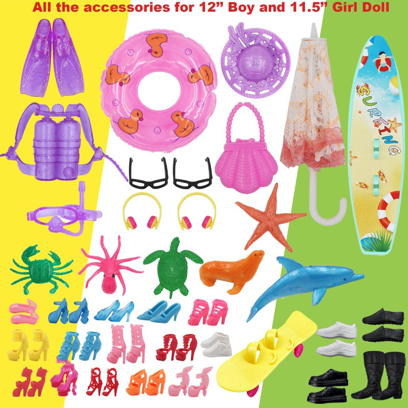 ZTWEDEN 89Pcs Doll Clothes and Accessories for 12 Inch Boy and 11.5 Inch Girl Doll Includes 32 Seaside Wear Clothes Bikini Marine Animal Surfboard Diving Swimming Sets 19 Pairs Shoes for Dolls - Image 5